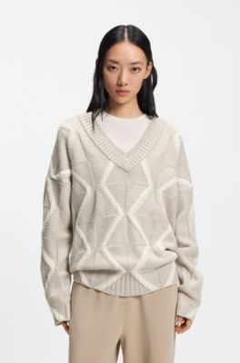 Relaxed-fit sweater in virgin wool with Aran knit, Beige Patterned