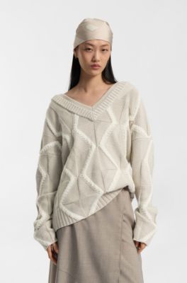 Jersey relaxed fit en lana virgen con punto Aran, Beige estampado