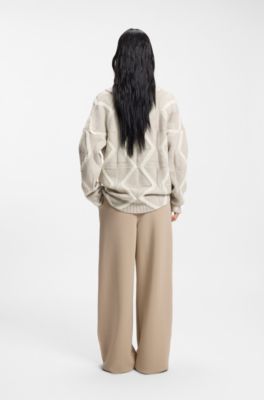 Relaxed-fit sweater in virgin wool with Aran knit, Beige Patterned