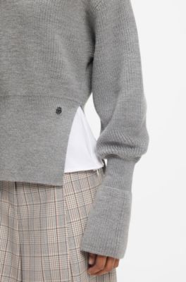 Virgin-wool sweater with removable Double B monogram pin, Grey