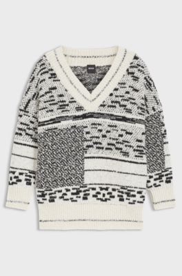 Cotton-blend sweater with jacquard pattern, White Patterned