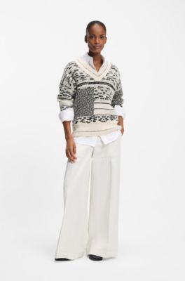 Cotton-blend sweater with jacquard pattern, White Patterned