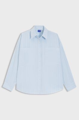 Relaxed fit-blus i randig bomullspoplin, Ljusbl&aring;