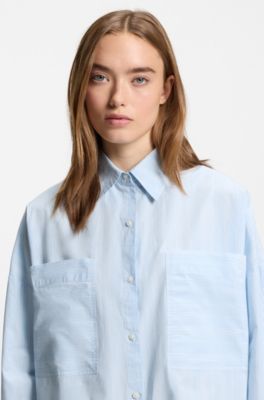 Relaxed-fit blouse in striped cotton poplin, Light Blue