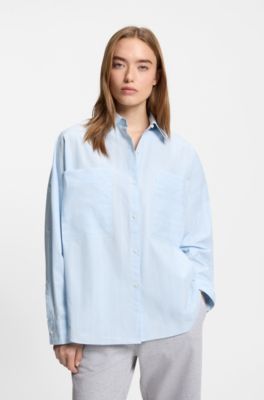 Relaxed fit-blus i randig bomullspoplin, Ljusbl&aring;