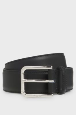 Italian-leather belt with logo-engraved pin buckle, Black