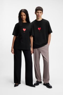 All-gender Cotton-jersey T-shirt with origami-heart prints, Black