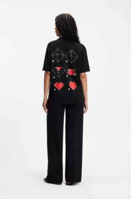 All-gender Cotton-jersey T-shirt with origami-heart prints, Black