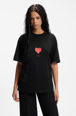All-gender Cotton-jersey T-shirt with origami-heart prints, Black