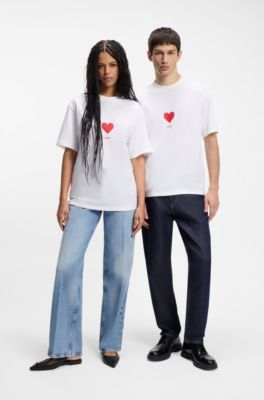 オールジェンダー コットンジャージー Tシャツ オリガミハート プリント, ホワイト