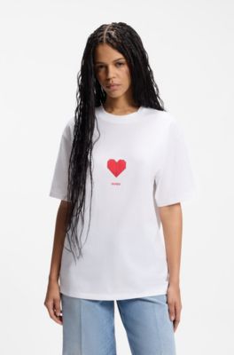 K&ouml;nsneutral T-shirt i bomullsjersey med tryckta origamihj&auml;rtan, Vit