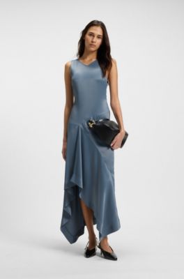 Sateen dress with asymmetric hemline, Blue