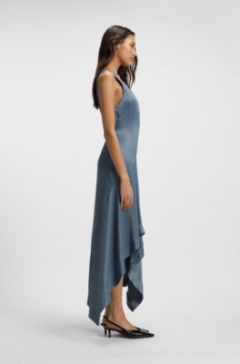 Sateen dress with asymmetric hemline, Blue