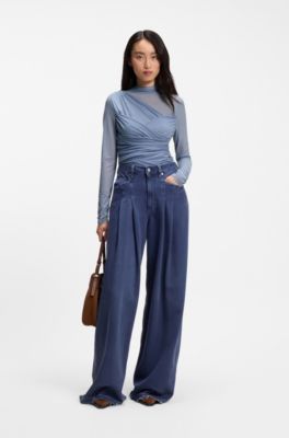 Mock-neck top with mesh panels, Blue