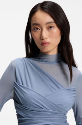 Mock-neck top with mesh panels, Blue