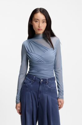 Mock-neck top with mesh panels, Blue