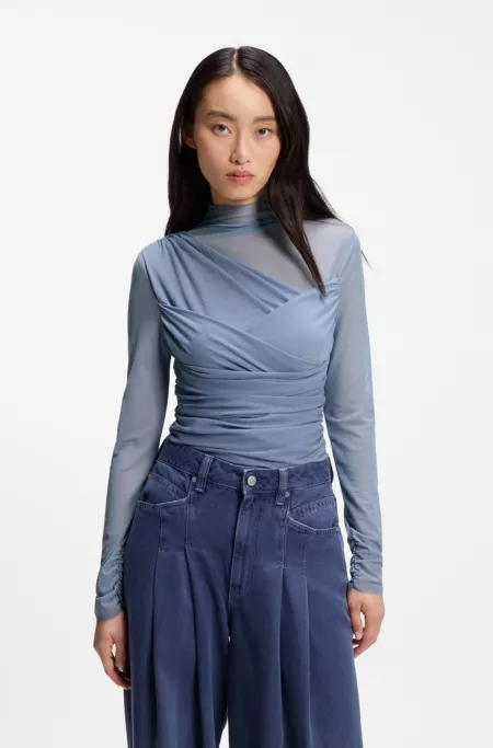 Mock-neck top with mesh panels