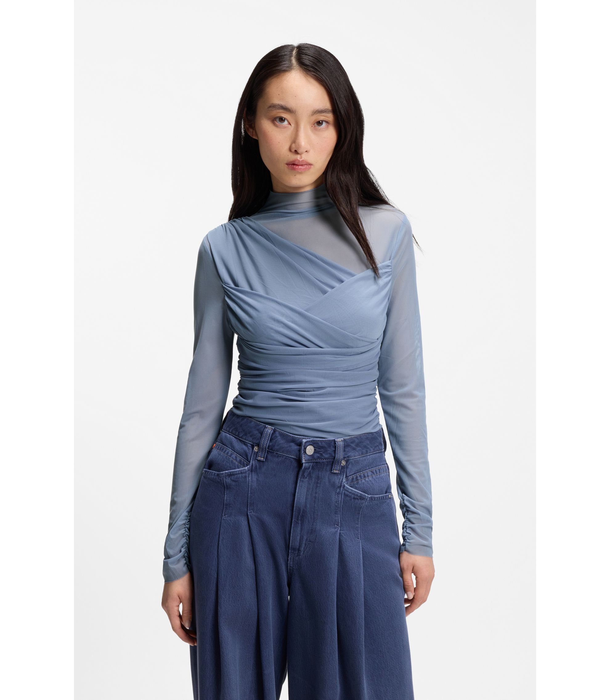 BOSS - Mock-neck top with mesh panels - Blue