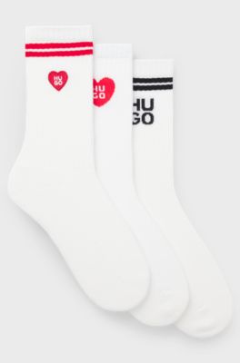 Set van drie paar geribde korte sokken met logo&rsquo;s, Wit