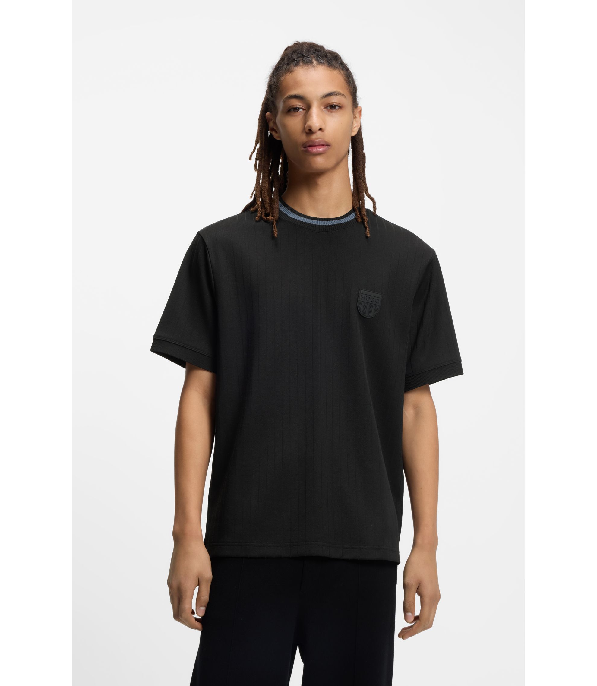 HUGO - Cotton-blend T-shirt with drop-needle stripe - Black