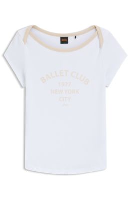 발레 슬로건 스트레치 코튼 슬림 핏 티셔츠, 화이트