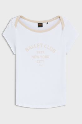 T-shirt slim fit in cotone elasticizzato con slogan ispirati al balletto, Bianco