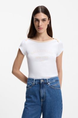 T-shirt slim fit in cotone elasticizzato con slogan ispirati al balletto, Bianco
