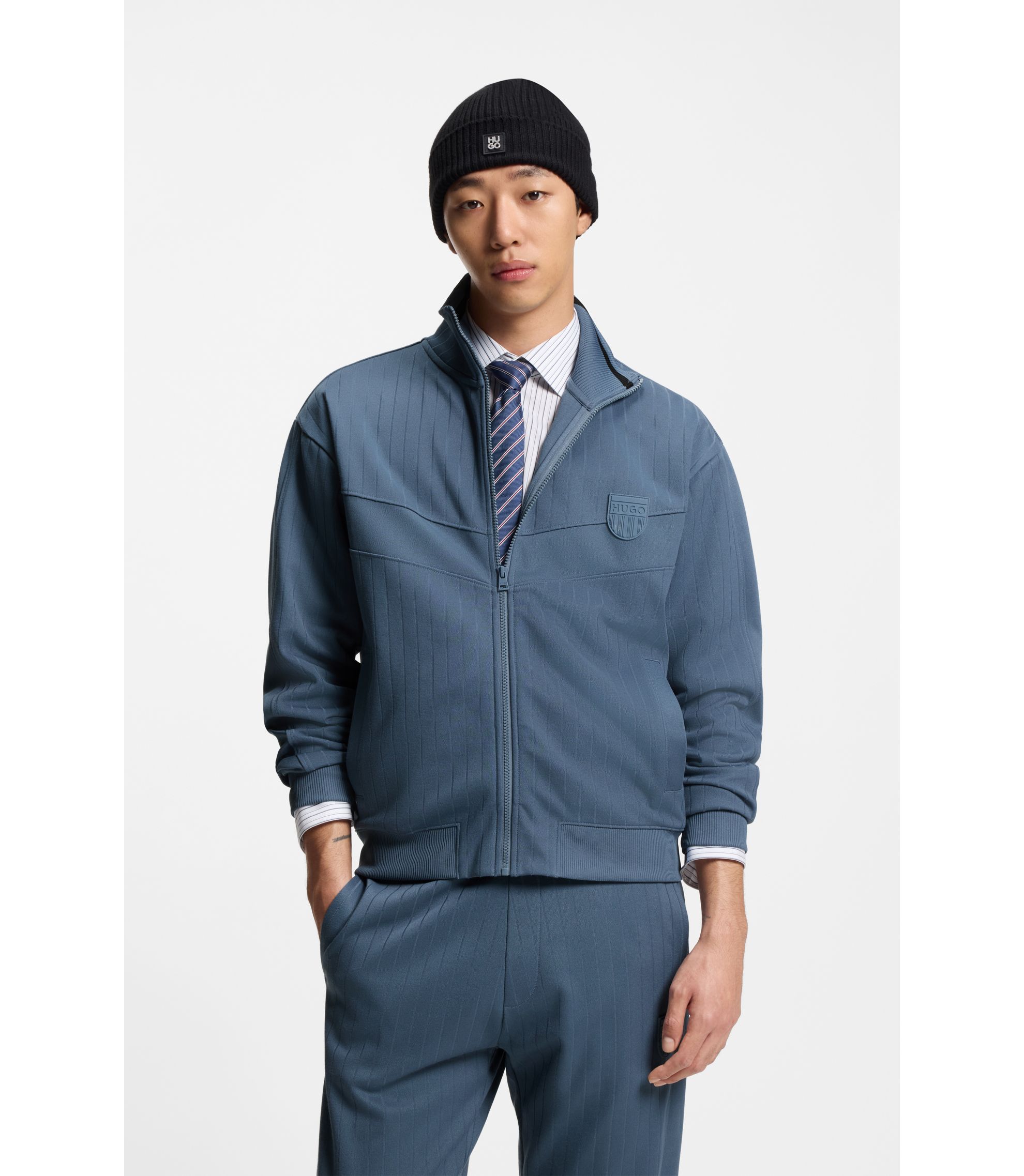 HUGO - Cotton-blend sweatshirt with drop-needle stripe - Blue