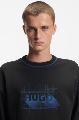 Sudadera de felpa de algod&oacute;n con logo y pespuntes en contraste, Negro