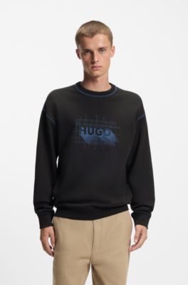 Sweatshirt i terry-bomull med logga och kontrasts&ouml;mmar, Svart