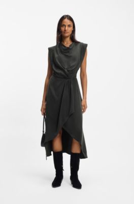 Cowl-neck dress with wrap skirt, Dark Grey