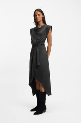 Cowl-neck dress with wrap skirt, Dark Grey