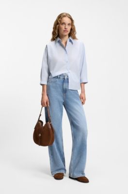 Relaxed-fit blouse van katoenen popeline met kimonomouwen, Lichtblauw