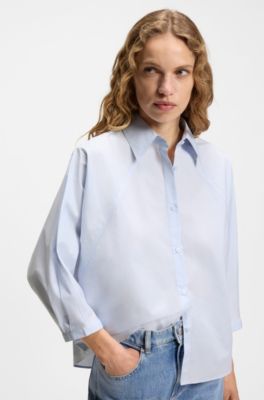 Blusa relaxed fit en popel&iacute;n de algod&oacute;n con manga kimono, Celeste