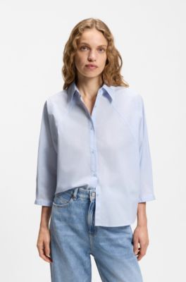 Relaxed-fit blouse in cotton poplin with kimono sleeves, Light Blue