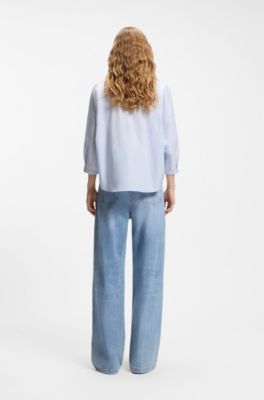 Blusa relaxed fit en popel&iacute;n de algod&oacute;n con manga kimono, Celeste