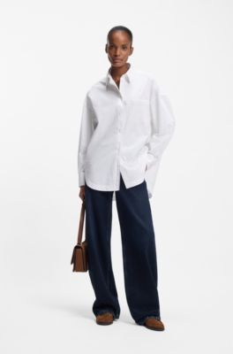 Oversized-fit blouse in cotton poplin and organza, White