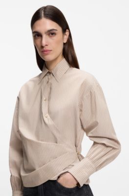 Regular-fit blouse in striped cotton canvas, Light Beige
