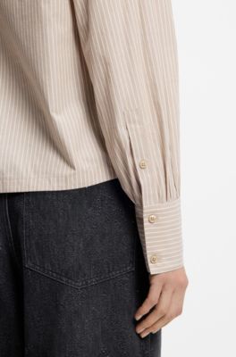Regular-fit blouse in striped cotton canvas, Light Beige