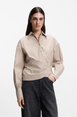 Blusa regular fit en lona de algod&oacute;n a rayas, Beige claro