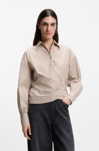 Regular-fit blouse in striped cotton canvas, Light Beige