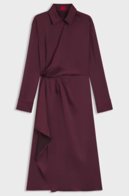 Satin midi dress with drape detail, Bordeaux