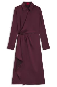 Satin midi dress with drape detail, Dark Red