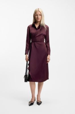 Satin midi dress with drape detail, Bordeaux