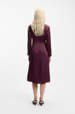 Satin midi dress with drape detail, Bordeaux