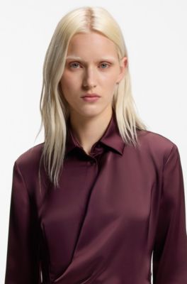Satin midi dress with drape detail, Bordeaux