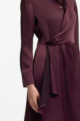 Satin midi dress with drape detail, Bordeaux