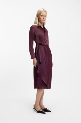 Satin midi dress with drape detail, Bordeaux