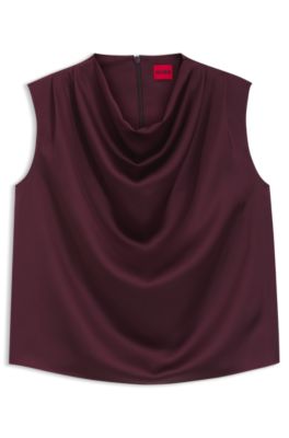 Satin top with draped neckline, Dark Purple