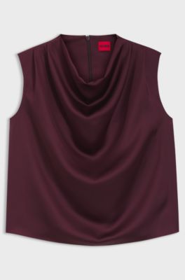 Satin top with draped neckline, Bordeaux